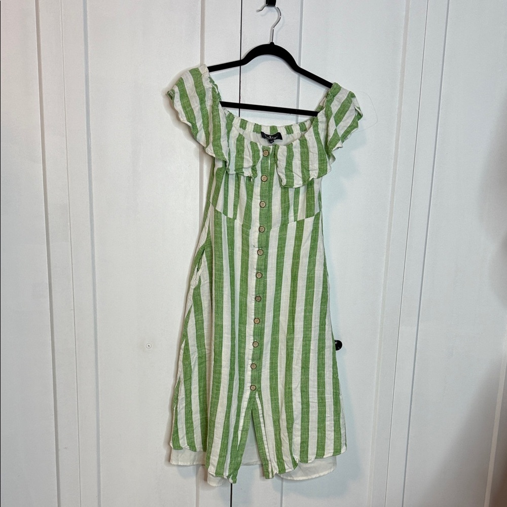 Lulu's Green And White Striped Off The Shoulder Dress - Small - Linen Cotton Ble